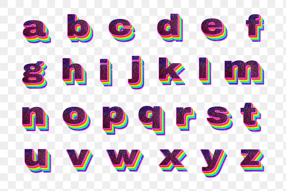 Layered rainbow glitter alphabet png set lowercase letter font