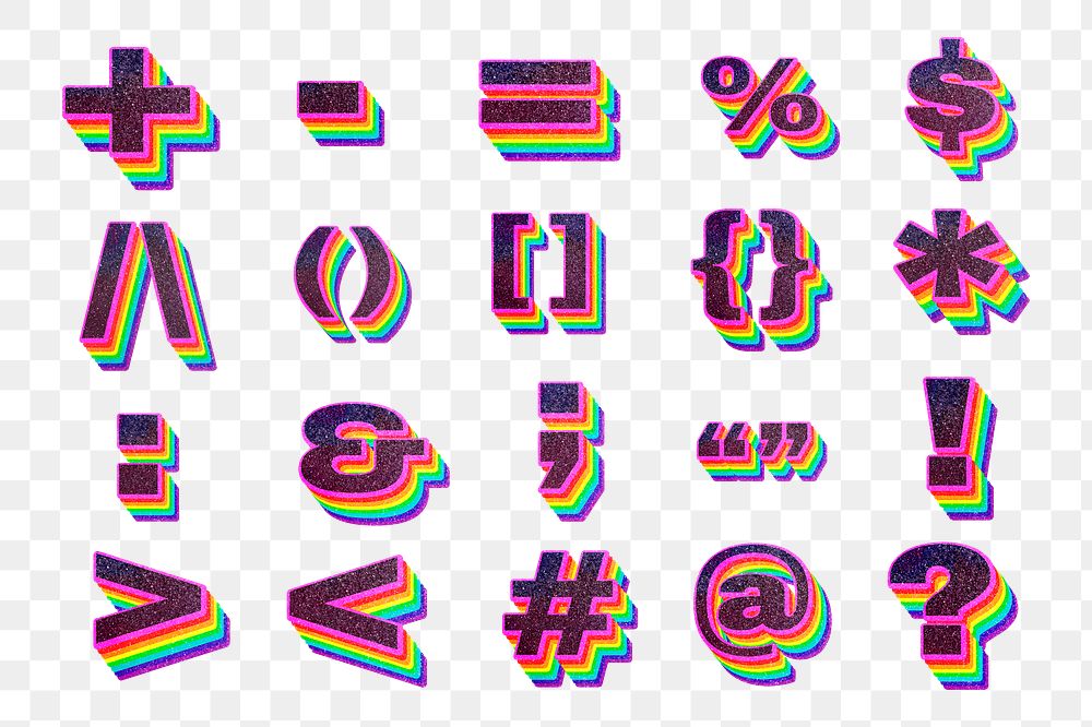 Png sign set 3d rainbow font typography glitter texture