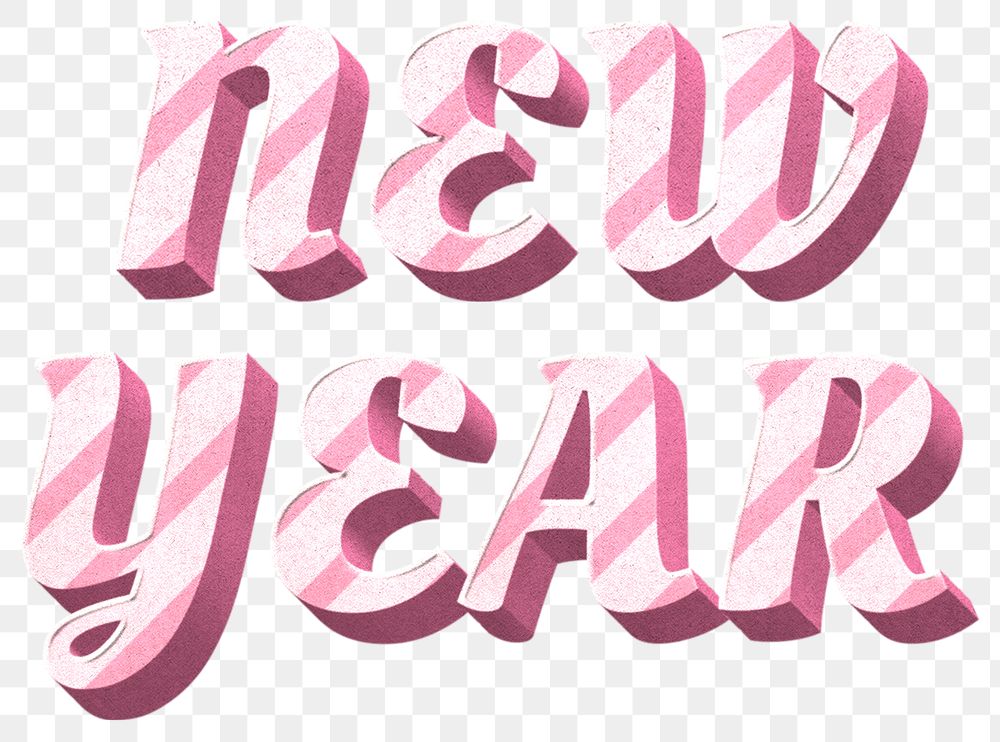 Png new year word pink striped font typography