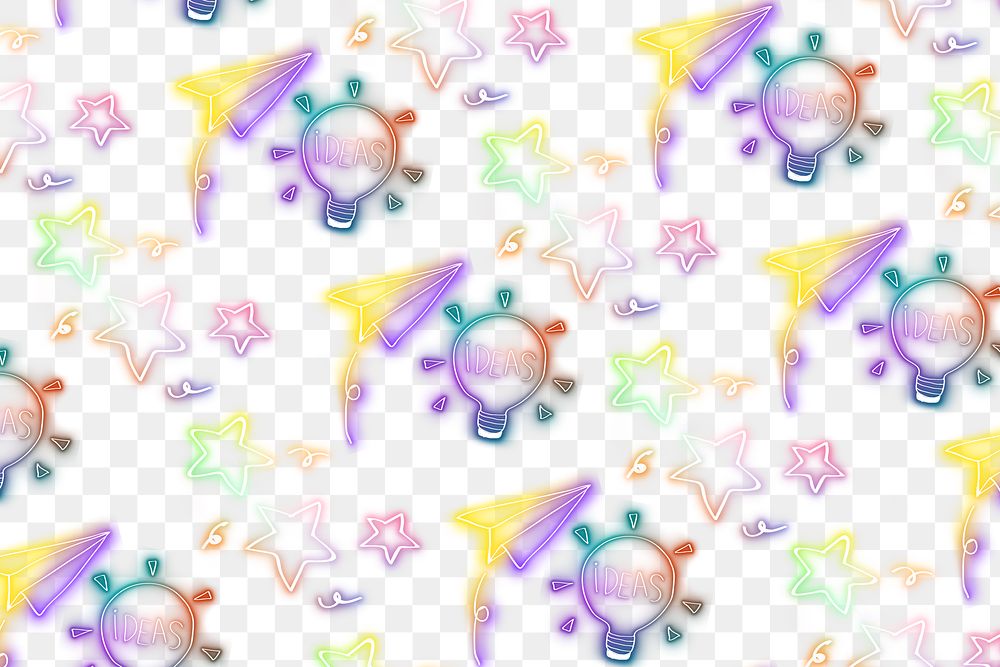 Neon ideas word light bulb paper plane doodle pattern background png