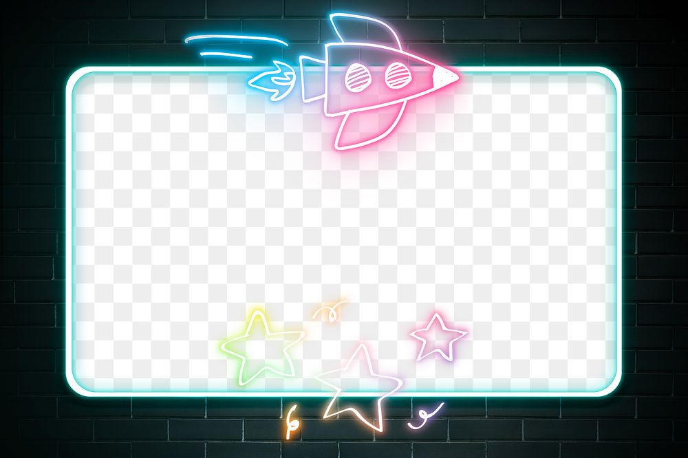 Neon png frame rainbow spaceship star doodle