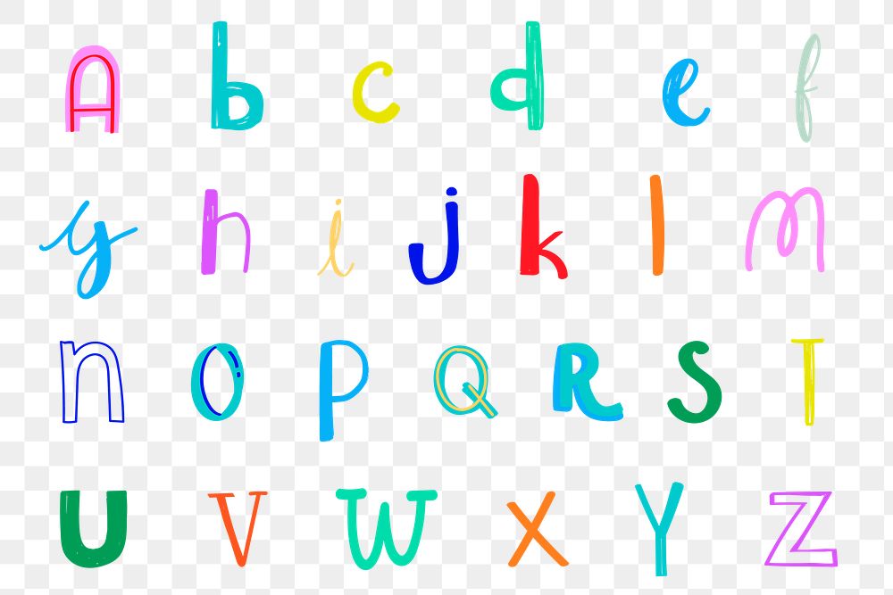 Letter png font doodle style colorful set