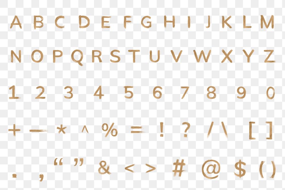 Gold alphabet png brush stroke font letter symbol and number set