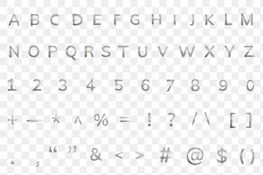 Silver glitter alphabet png brush stroke letter number and symbol set