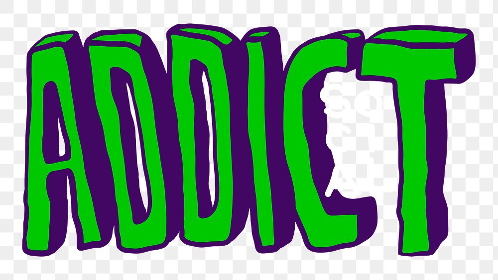 Addict png typography sticker in green doodle