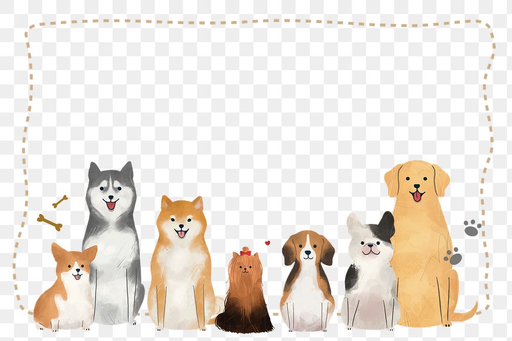 Png frame with cute dogs on transparent background