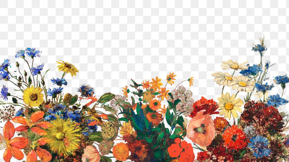 Flower png border, Odilon Redon-inspired floral collage element on transparent background
