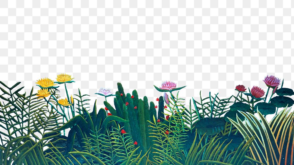 Flower png border, Henri Rousseau-inspired botanical collage element on transparent background