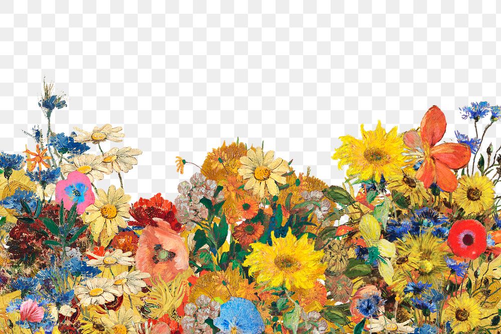 Flower png border, Odilon Redon-inspired floral collage element on transparent background