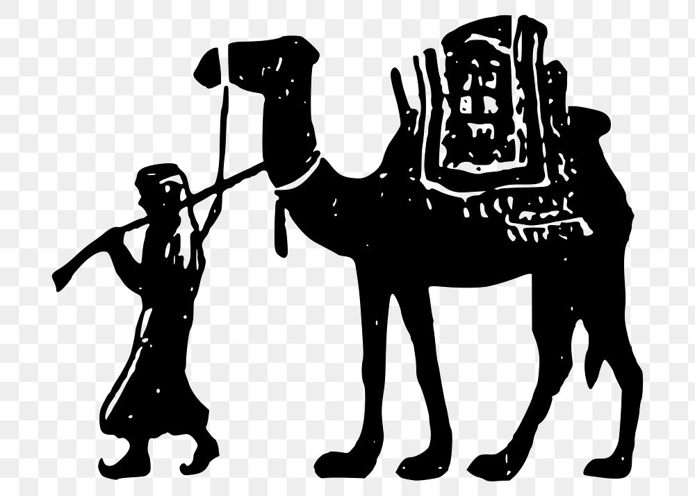 Man pulling png camel sticker, vintage transportation illustration, transparent background. Free public domain CC0 image.