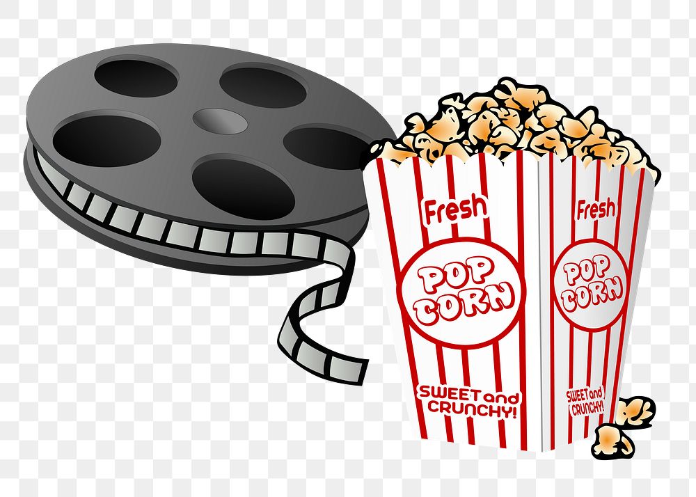 Film reel png sticker, popcorn, entertainment illustration, transparent background. Free public domain CC0 image.