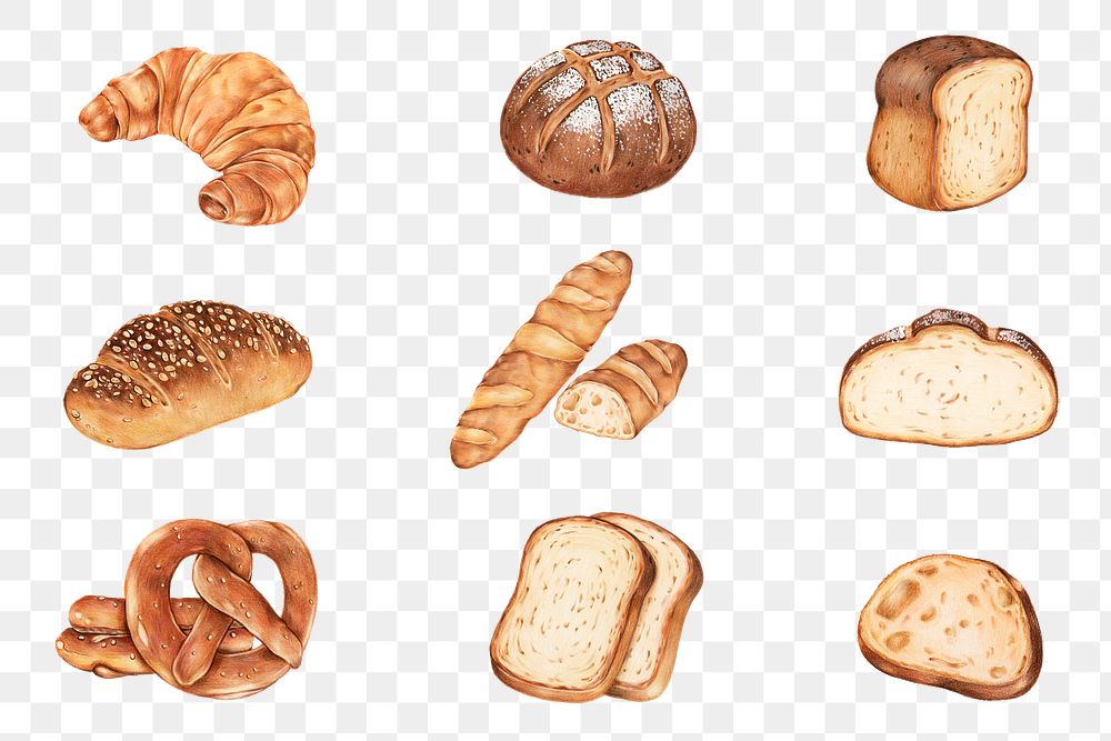 Fresh bread png stickerhand-drawn set