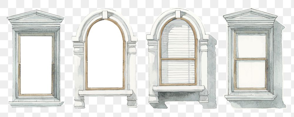 Png vintage window architecture watercolor illustration set