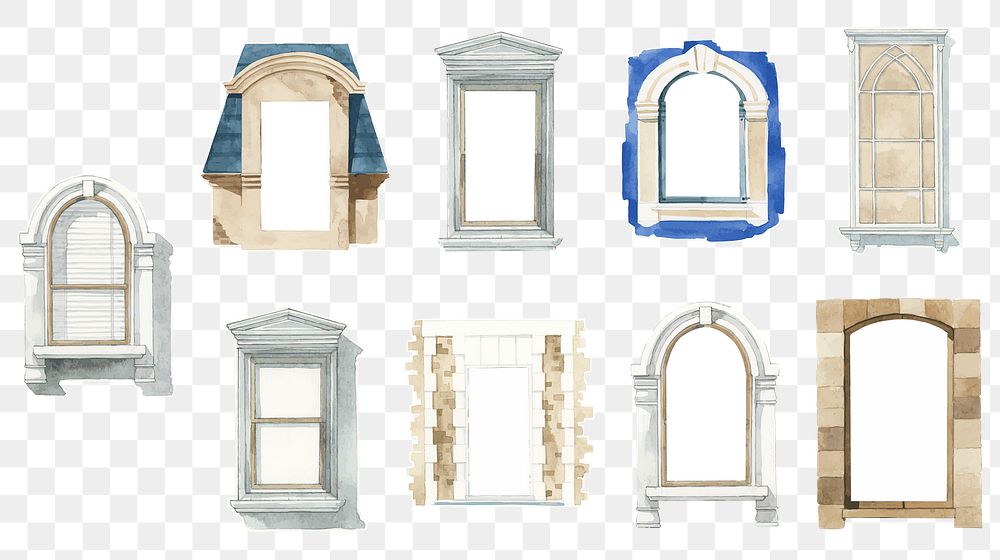 Vintage window architecture png collection watercolor illustration