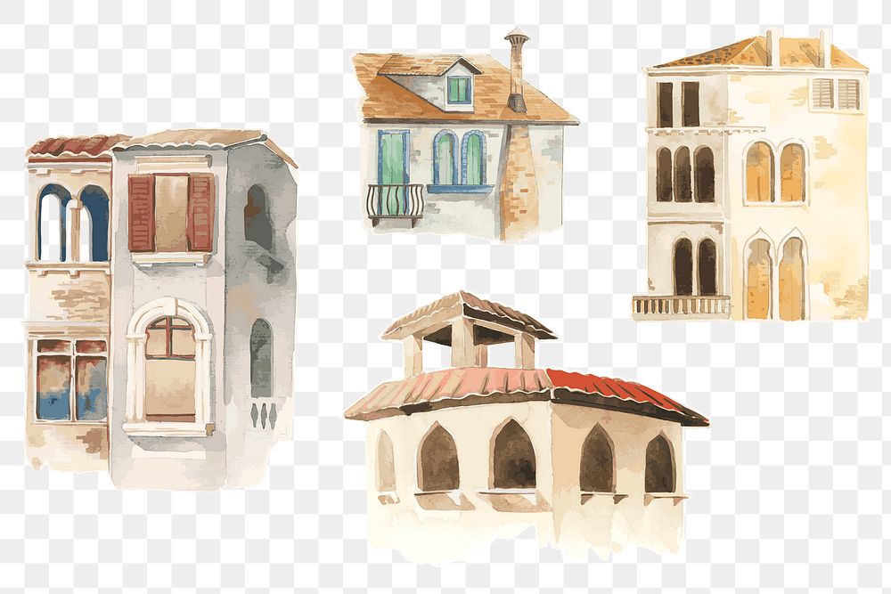 Png vintage European architecture watercolor illustration collection hand drawn 