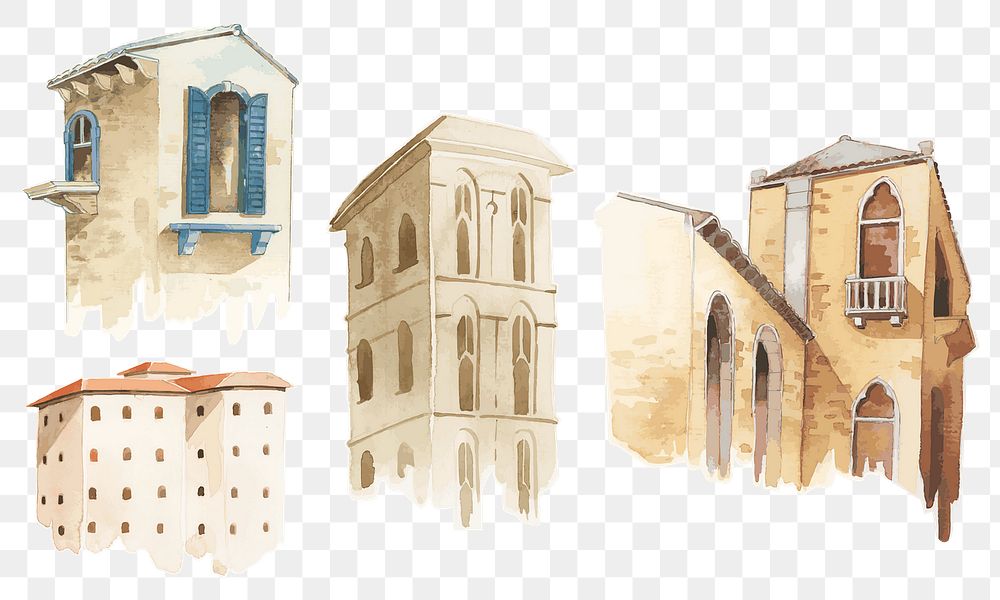 Png vintage European architecture watercolor illustration collection