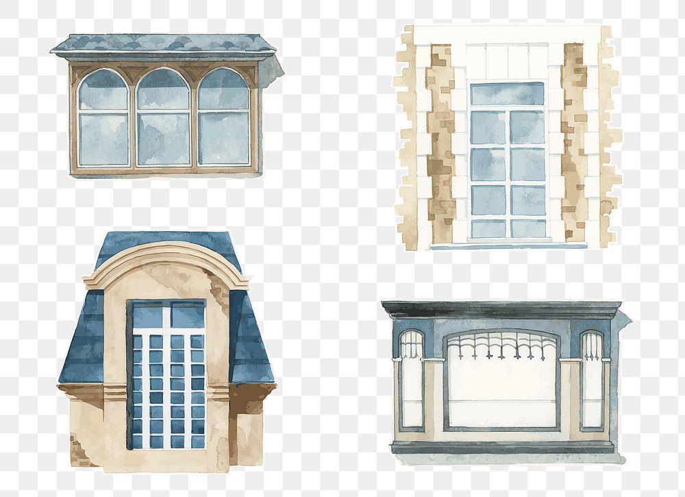 Png vintage European window architecture watercolor illustration set