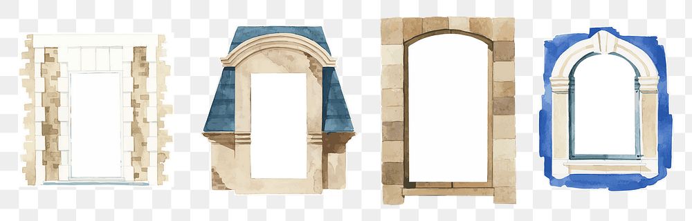 Old window architecture png set watercolor illustration