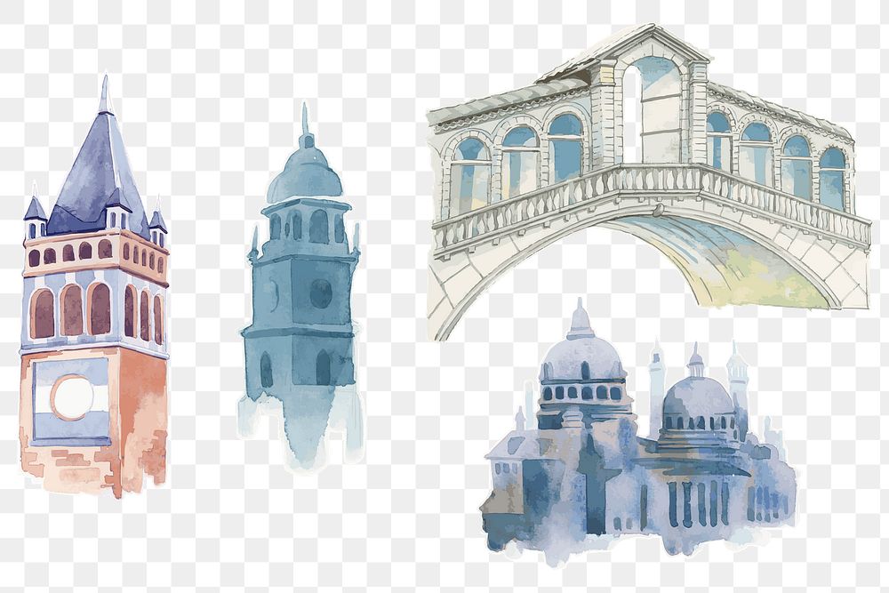 Png vintage European architecture watercolor illustration collection hand drawn 