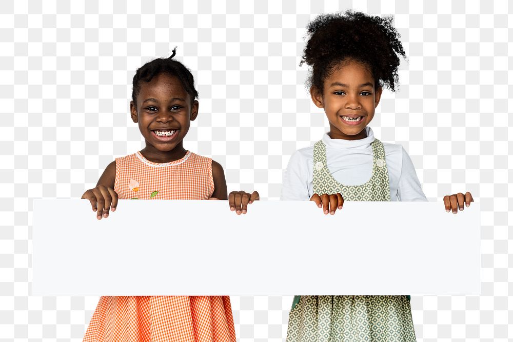Cheerful little girls holding blank banner transparent png