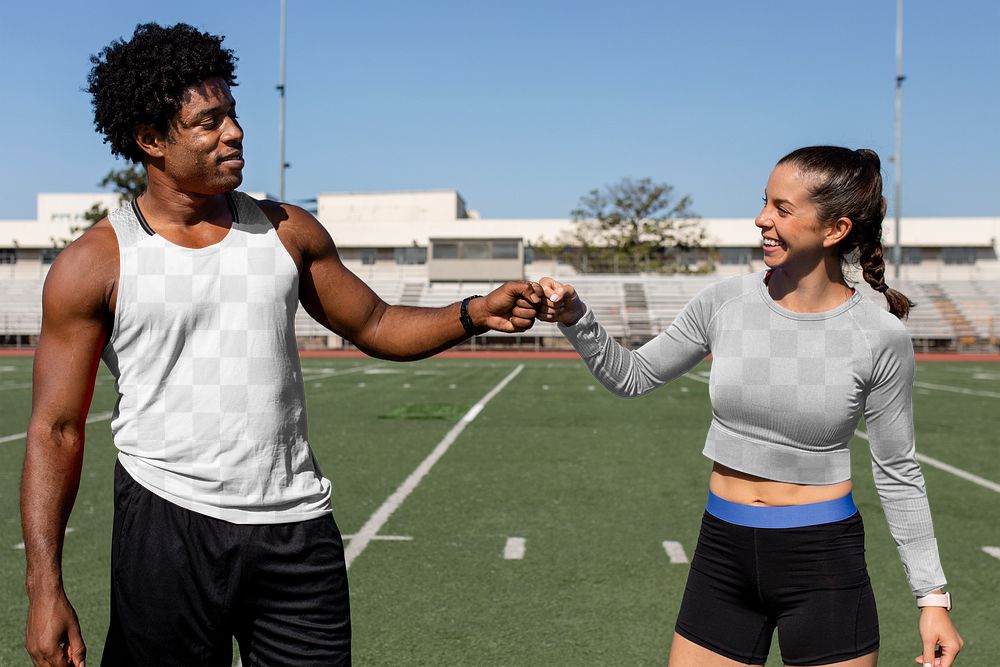 Tops mockups png on male and female athletes fist bumping