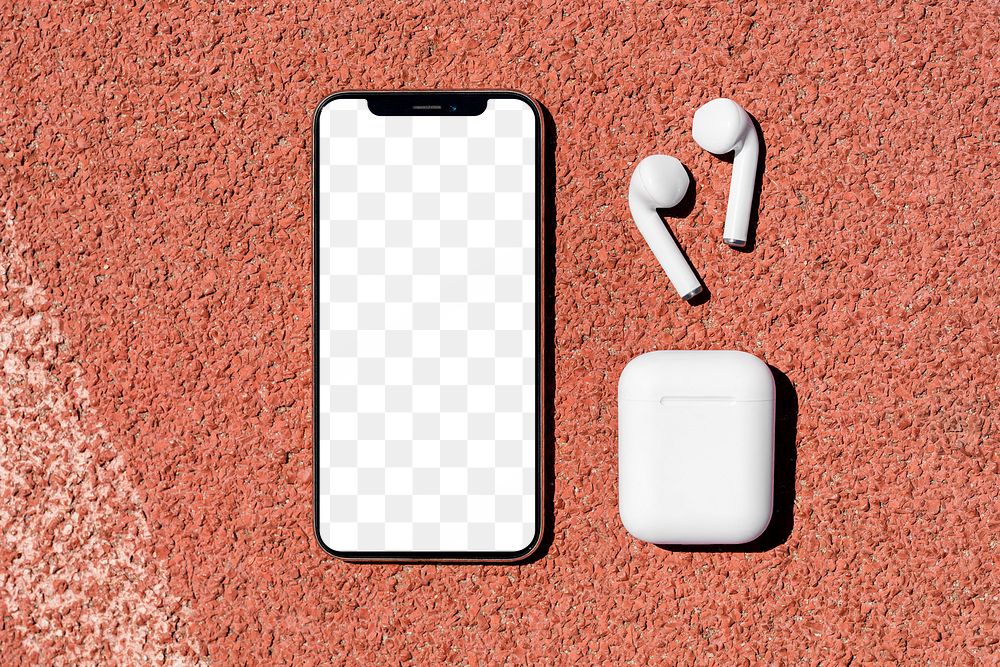 Smartphone mockup png with wireless earbud and charger case for music streaming