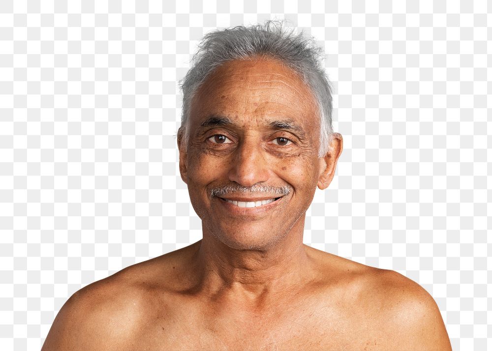 Happy bare chested mixed senior Indian man mockup