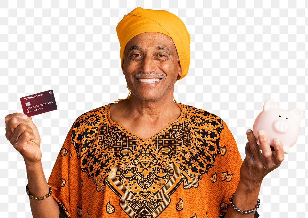 Happy mixed Indian man with a credit card and a piggy bank