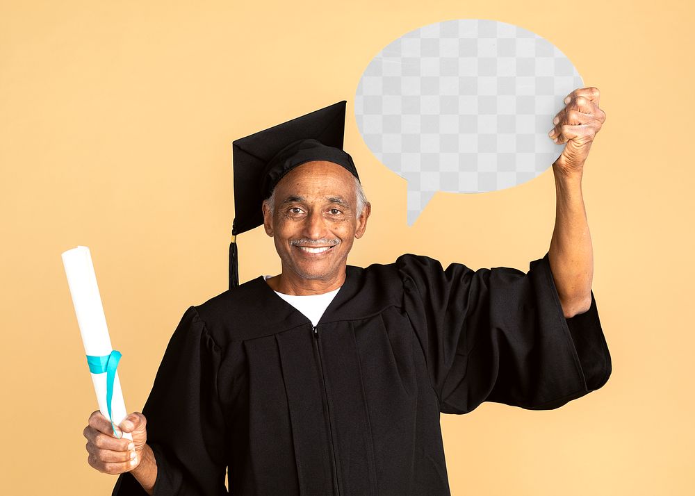 Proud Indian senior man in a graduation gown holding a speech bubble mockup