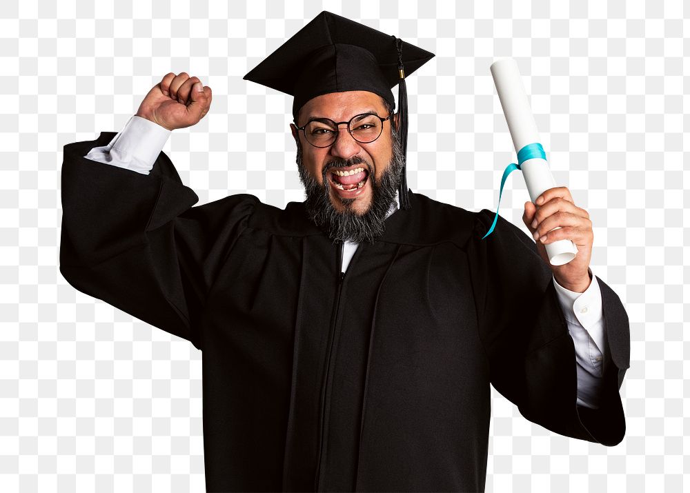 Happy senior man in a graduation gown holding his master's degree mockup