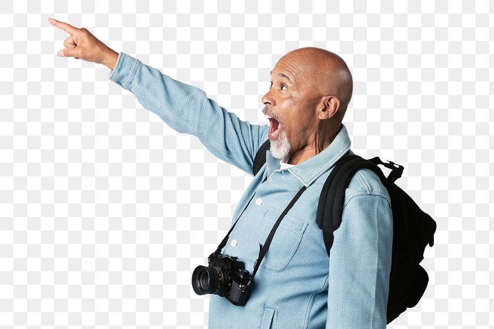 Excited black senior man with a digital camera mockup 