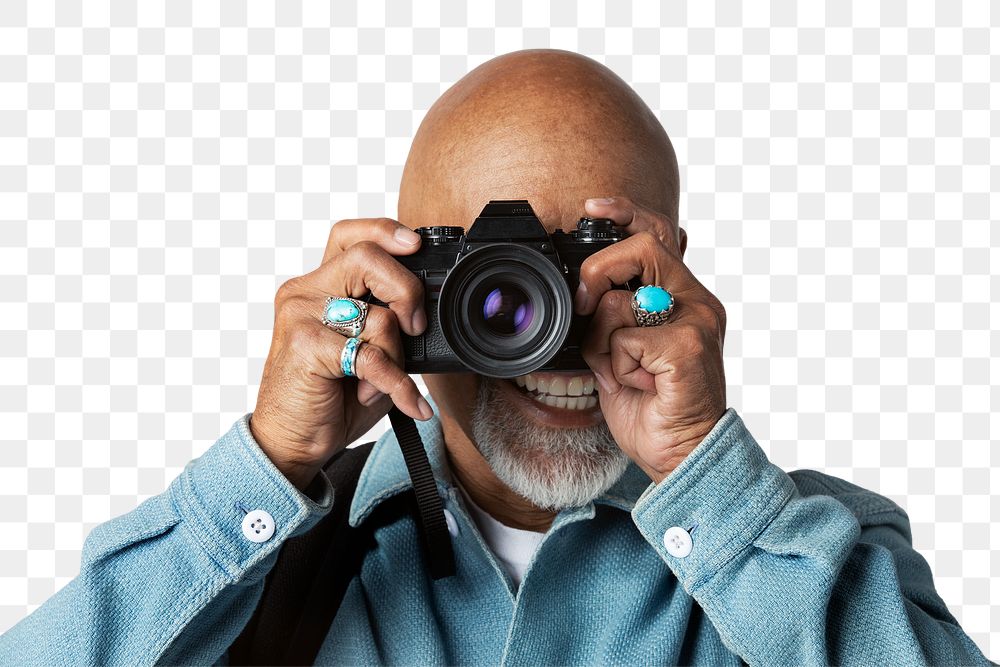 Happy senior man with a digital camera mockup 