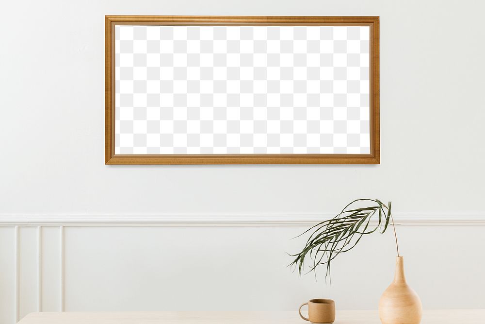 Wooden picture frame mockup on a wall in the dining room 