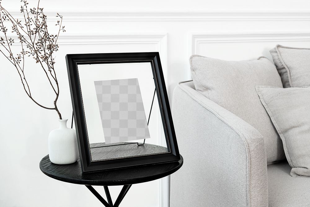 Picture frame png mockup in a minimal decor living room