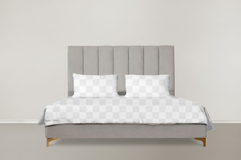 Modern gray bed png mockup with padded headboard