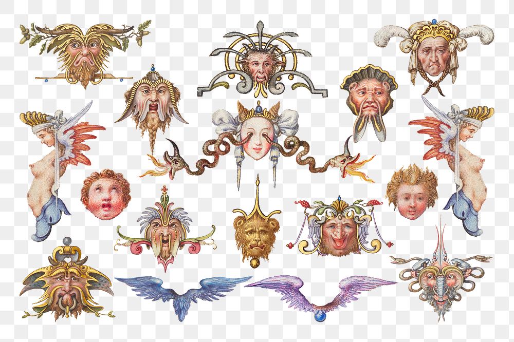 Png troll cherub medieval mythical creature set, remix from The Model Book of Calligraphy Joris Hoefnagel and Georg Bocskay