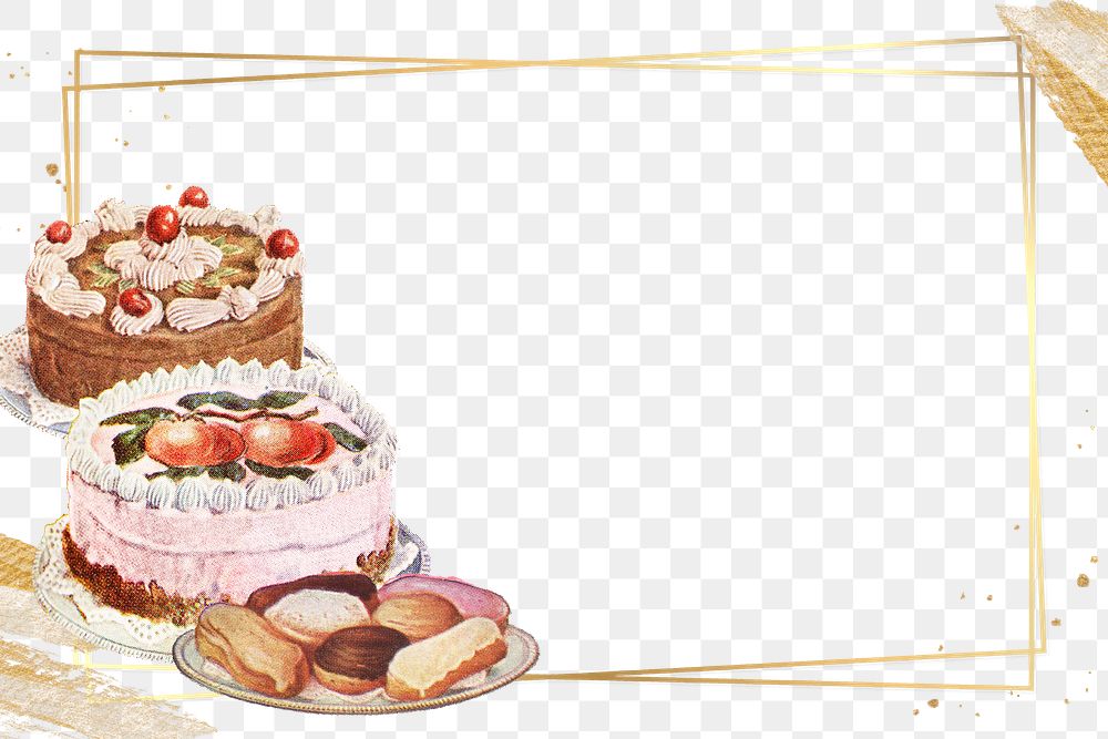 Gold frame and brushstroke with cakes design element