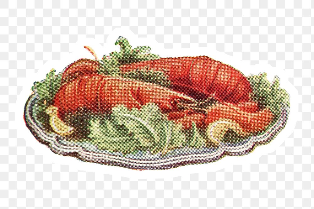 Hand drawn cooked lobster with vegetables sticker with white border