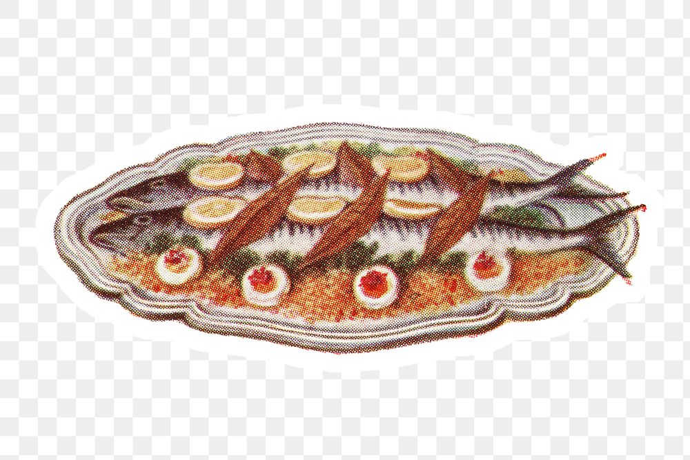 Hand drawn mackerel dish sticker with white border