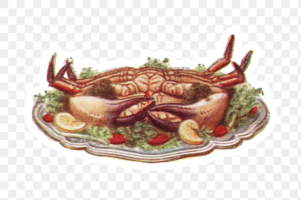 Hand drawn cooked crab with vegetables sticker with white border