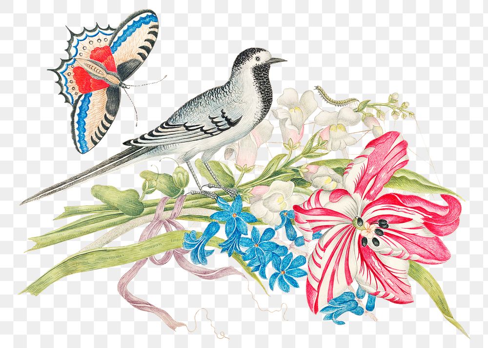 Gray bird on flowers bouquet png, remixed from the 18th-century artworks from the Smithsonian archive.
