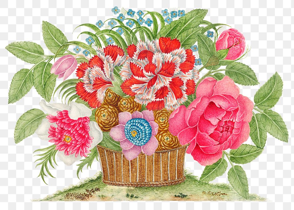 Vintage basket of flowers png illustration, remixed from the 18th-century artworks from the Smithsonian archive.