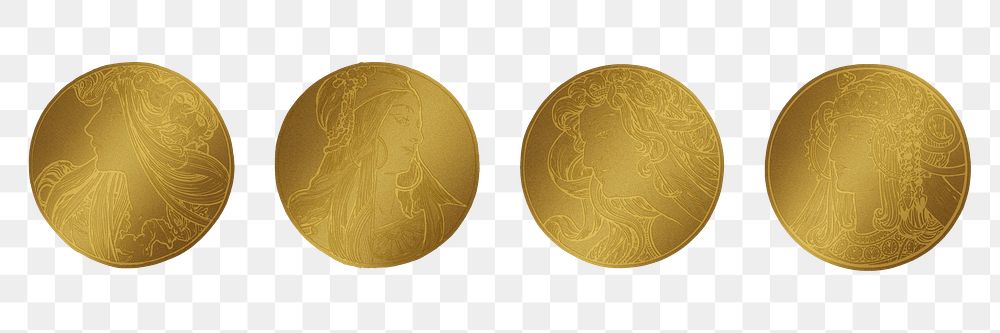 Lady art nouveau gold badge png illustration set, remixed from the artworks of Alphonse Maria Mucha