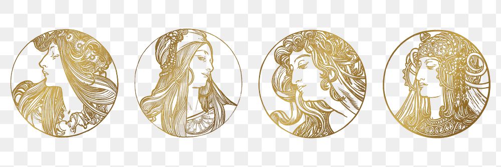 Lady art nouveau gold silhouette png illustration set, remixed from the artworks of Alphonse Maria Mucha