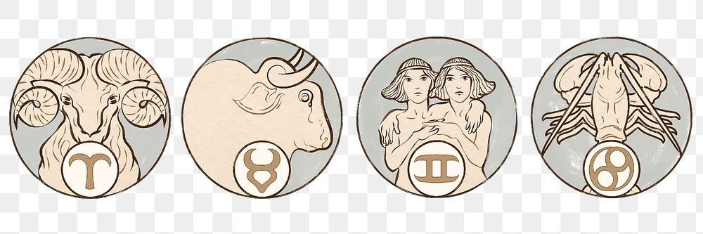 Art nouveau aries, taurus, gemini and cancer zodiac signs png, remixed from the artworks of Alphonse Maria Mucha