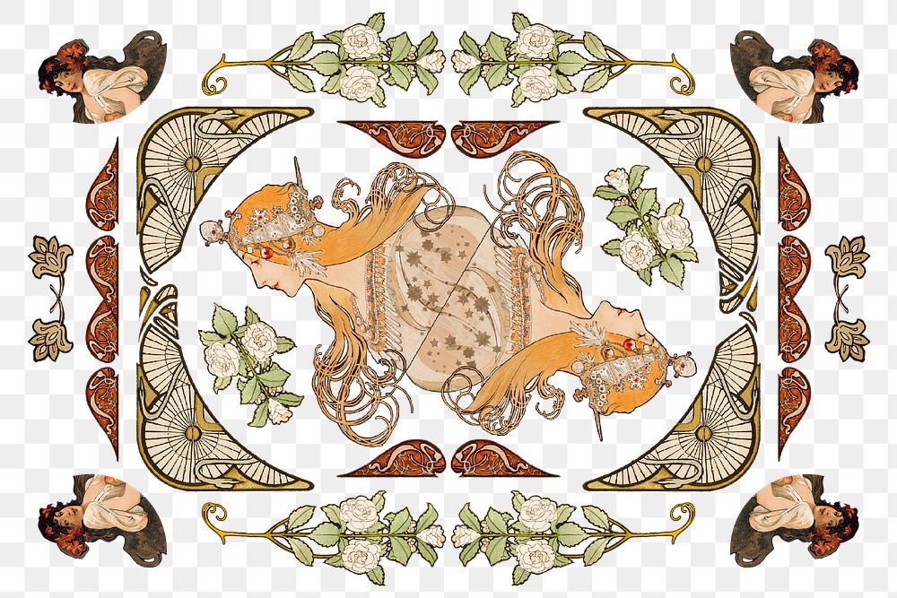 Woman and ornament art nouveau png set, remixed from the artworks of Alphonse Maria Mucha