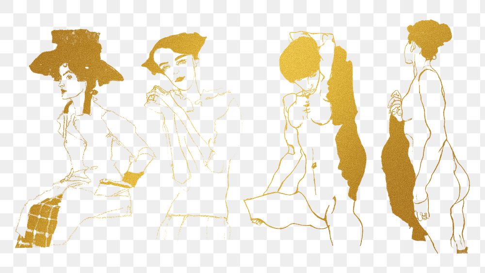 Golden woman line drawing png collection remixed from the artworks of Egon Schiele.