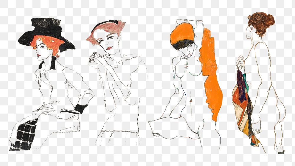 Vintage woman line art drawing png set remixed from the artworks of Egon Schiele.