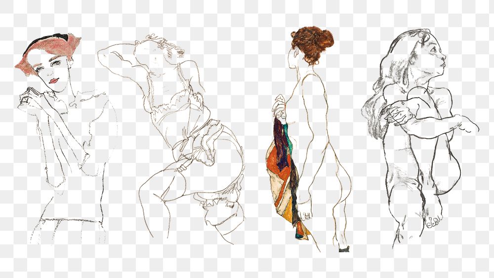 Vintage woman line art drawing png set remixed from the artworks of Egon Schiele.