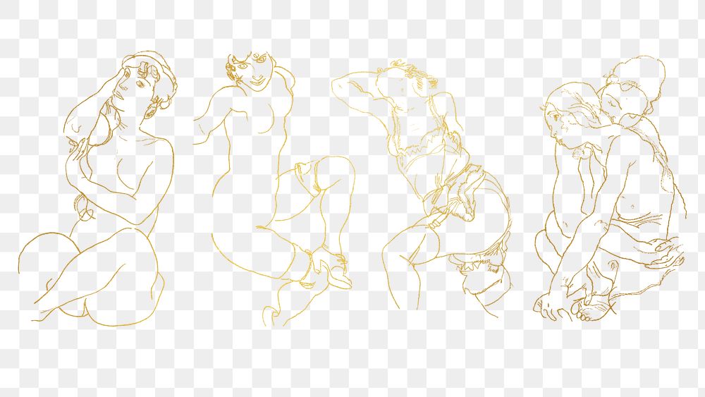 Woman gold line art drawing png set remixed from the artworks of Egon Schiele.